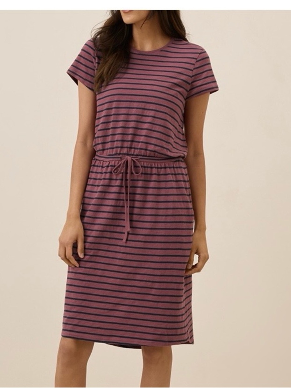 Pact Dress Women's M Mauve Blue Striped Slub T-shirt Drawstring Organic Cotton